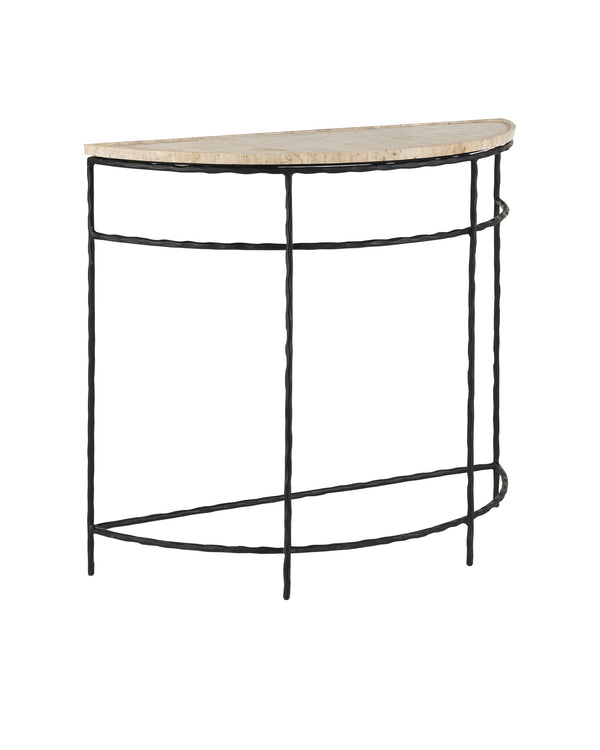Currey & Company Boyles Natural Travertine Half Moon Console Table with Forged Iron Base Entryway 4000-0138