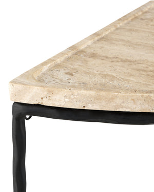 Currey & Company Boyles Natural Travertine Half Moon Console Table with Forged Iron Base Entryway 4000-0138