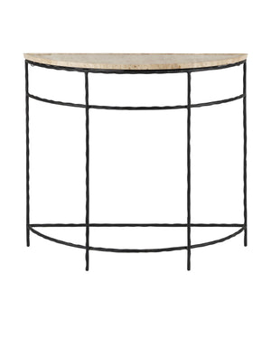 Currey & Company Boyles Natural Travertine Half Moon Console Table with Forged Iron Base Entryway 4000-0138
