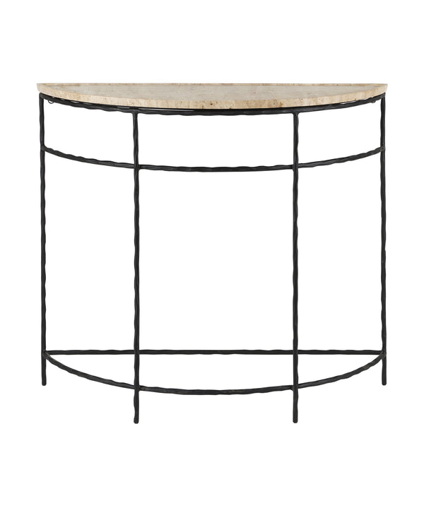 Currey & Company Boyles Natural Travertine Half Moon Console Table with Forged Iron Base Entryway 4000-0138