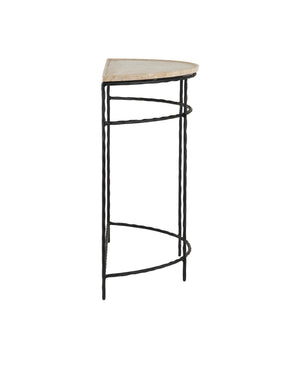 Currey & Company Boyles Natural Travertine Half Moon Console Table with Forged Iron Base Entryway 4000-0138