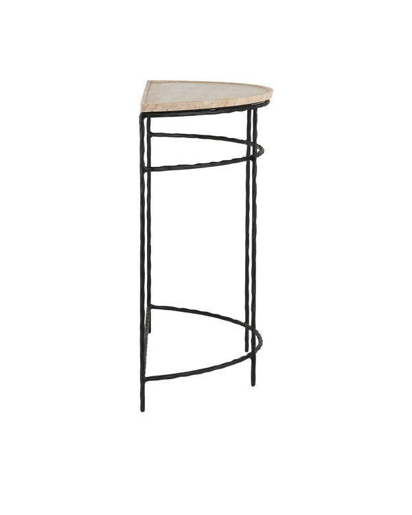 Currey & Company Boyles Natural Travertine Half Moon Console Table with Forged Iron Base Entryway 4000-0138