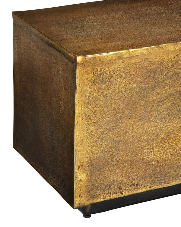 Currey & Company Jahnu Cast Aluminum Bench with Gold Stippled Finish and Matte Black Plinth Base 4000-0153