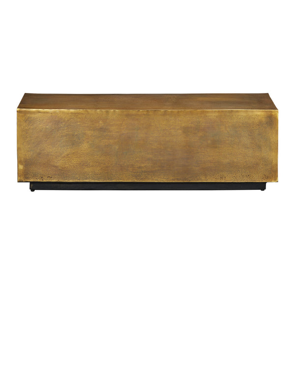 Currey & Company Jahnu Cast Aluminum Bench with Gold Stippled Finish and Matte Black Plinth Base 4000-0153