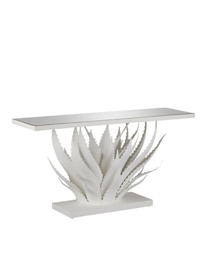 Currey & Company Agave Wrought Iron Console Table with Mirrored Top Sculptural Leaf Base Entryway 4000-0168