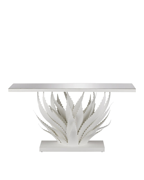 Currey & Company Agave Wrought Iron Console Table with Mirrored Top Sculptural Leaf Base Entryway 4000-0168