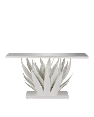 Currey & Company Agave Wrought Iron Console Table with Mirrored Top Sculptural Leaf Base Entryway 4000-0168