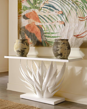 Currey & Company Agave Wrought Iron Console Table with Mirrored Top Sculptural Leaf Base Entryway 4000-0168