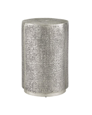 Currey & Company Kabeen Artisan Cast Aluminum Cylinder Side Table with Burlap Texture Antique Silver Finish 4000-0169