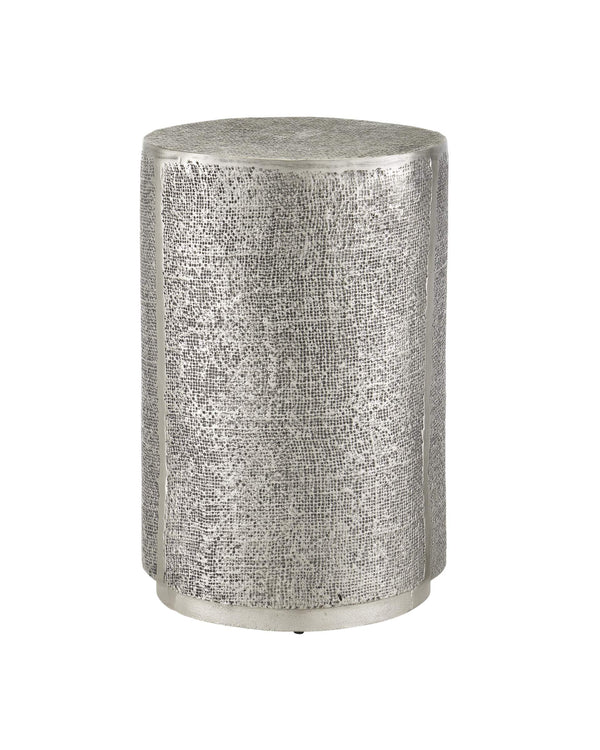 Currey & Company Kabeen Artisan Cast Aluminum Cylinder Side Table with Burlap Texture Antique Silver Finish 4000-0169