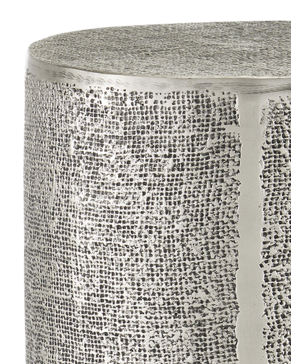 Currey & Company Kabeen Artisan Cast Aluminum Cylinder Side Table with Burlap Texture Antique Silver Finish 4000-0169
