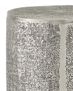 Currey & Company Kabeen Artisan Cast Aluminum Cylinder Side Table with Burlap Texture Antique Silver Finish 4000-0169