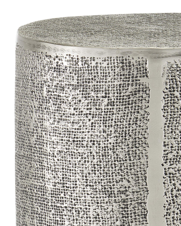 Currey & Company Kabeen Artisan Cast Aluminum Cylinder Side Table with Burlap Texture Antique Silver Finish 4000-0169