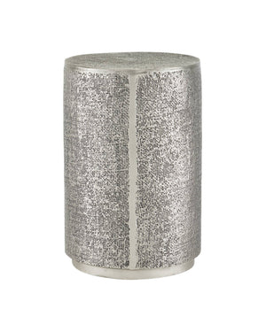 Currey & Company Kabeen Artisan Cast Aluminum Cylinder Side Table with Burlap Texture Antique Silver Finish 4000-0169