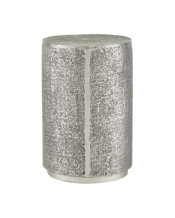 Currey & Company Kabeen Artisan Cast Aluminum Cylinder Side Table with Burlap Texture Antique Silver Finish 4000-0169