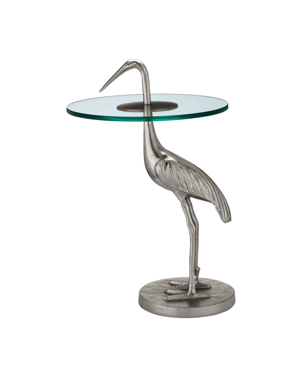 Currey & Company Crane Sculptural Cast Aluminum Accent Table with Glass Top for Glam Modern Interiors 4000-0195
