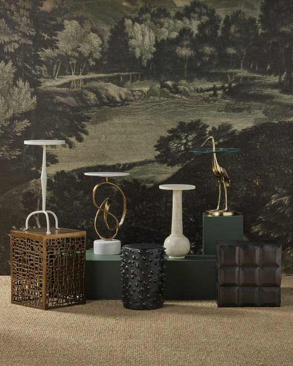 Currey & Company Bower Cast Aluminum Brutalist Side Table with Matte Black Nickel Geometric Sculptural Base 4000-0198