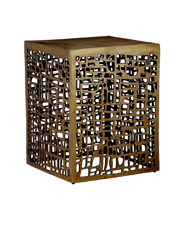Currey & Company Gowen Cast Aluminum Accent Table with Brutalist Relief and Antique Brass Finish 4000-0199