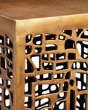 Currey & Company Gowen Cast Aluminum Accent Table with Brutalist Relief and Antique Brass Finish 4000-0199