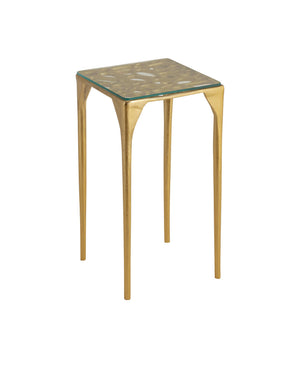 Currey & Company Honeycomb Textured Glass Top Drinks Table with Brass Cast Aluminum Legs Glam Accent 4000-0201