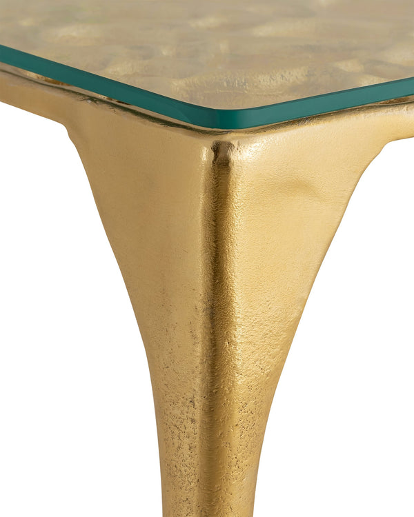 Currey & Company Honeycomb Textured Glass Top Drinks Table with Brass Cast Aluminum Legs Glam Accent 4000-0201