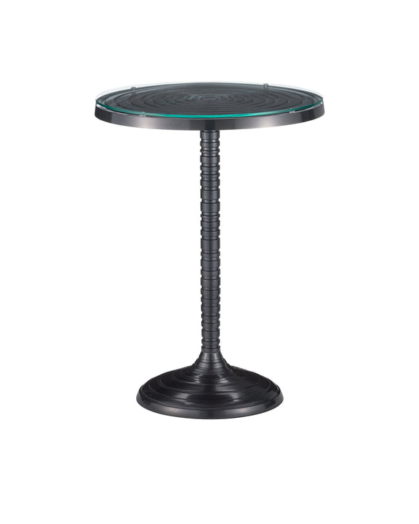 Currey & Company Erno Cast Aluminum Gear Column Accent Table with Tempered Glass Top Industrial Style 4000-0202