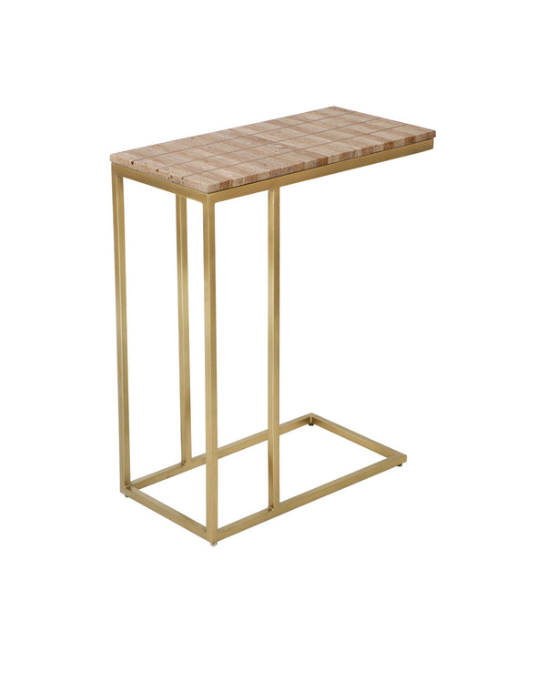 Currey & Company Dezi Travertine and Brass Inlay C Table Cantilevered Iron Frame Living Room Accent 4000-0203