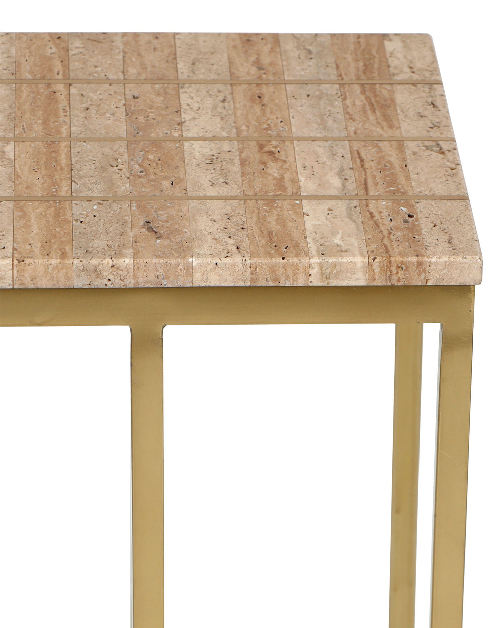 Currey & Company Dezi Travertine and Brass Inlay C Table Cantilevered Iron Frame Living Room Accent 4000-0203
