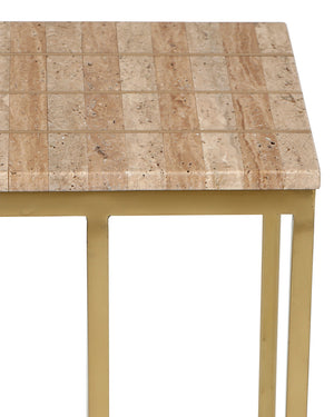 Currey & Company Dezi Travertine and Brass Inlay C Table Cantilevered Iron Frame Living Room Accent 4000-0203