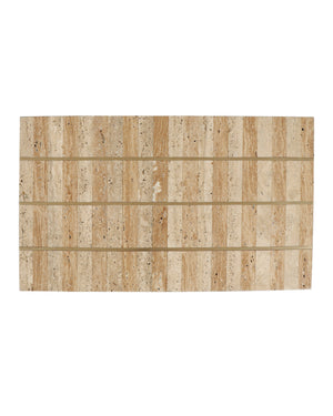 Currey & Company Dezi Travertine and Brass Inlay C Table Cantilevered Iron Frame Living Room Accent 4000-0203