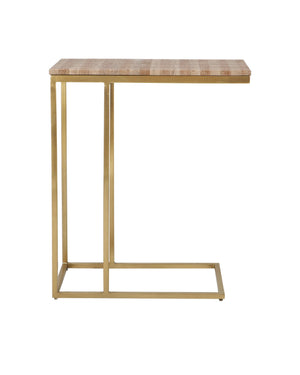 Currey & Company Dezi Travertine and Brass Inlay C Table Cantilevered Iron Frame Living Room Accent 4000-0203