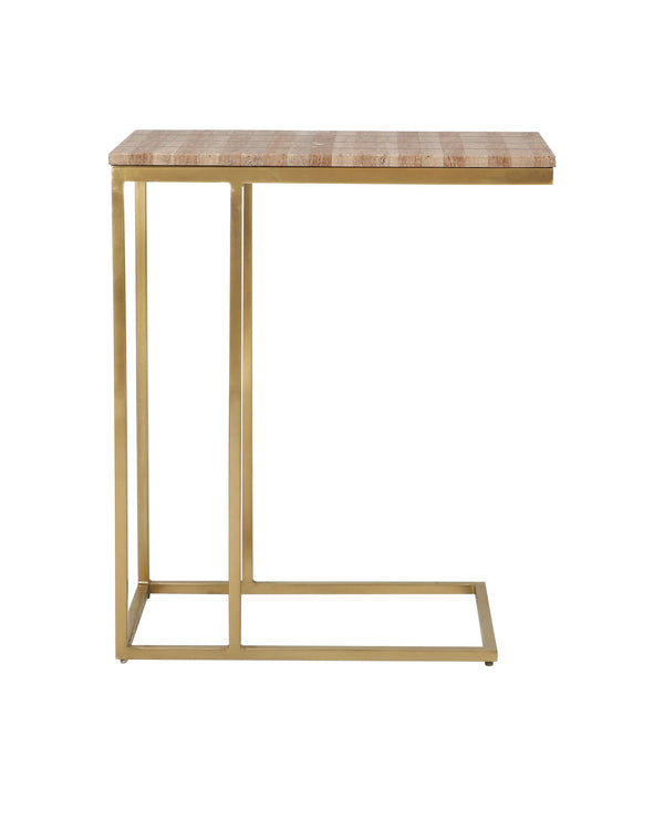 Currey & Company Dezi Travertine and Brass Inlay C Table Cantilevered Iron Frame Living Room Accent 4000-0203