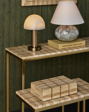 Currey & Company Dezi Travertine and Brass Inlay C Table Cantilevered Iron Frame Living Room Accent 4000-0203