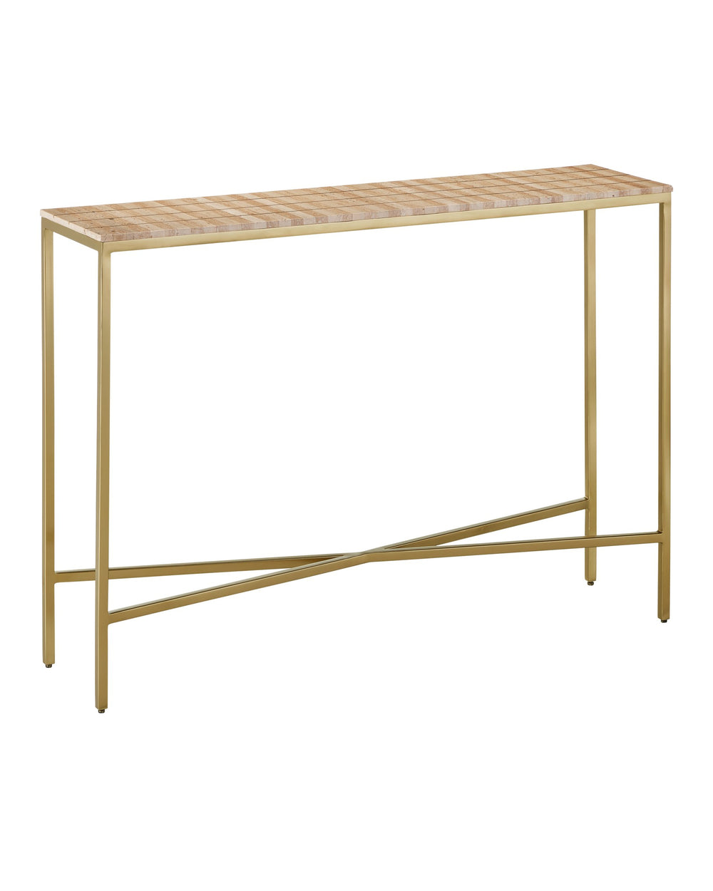 Currey & Company Dezi Travertine Console Table with Brass Inlay and Gold Iron Legs for Entryway 4000-0204