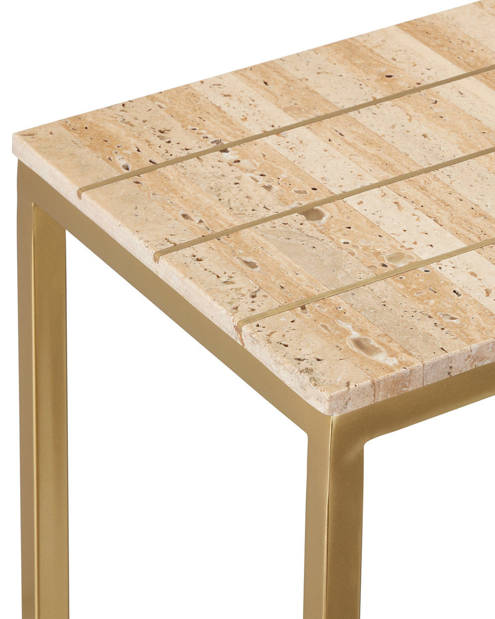 Currey & Company Dezi Travertine Console Table with Brass Inlay and Gold Iron Legs for Entryway 4000-0204