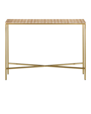 Currey & Company Dezi Travertine Console Table with Brass Inlay and Gold Iron Legs for Entryway 4000-0204