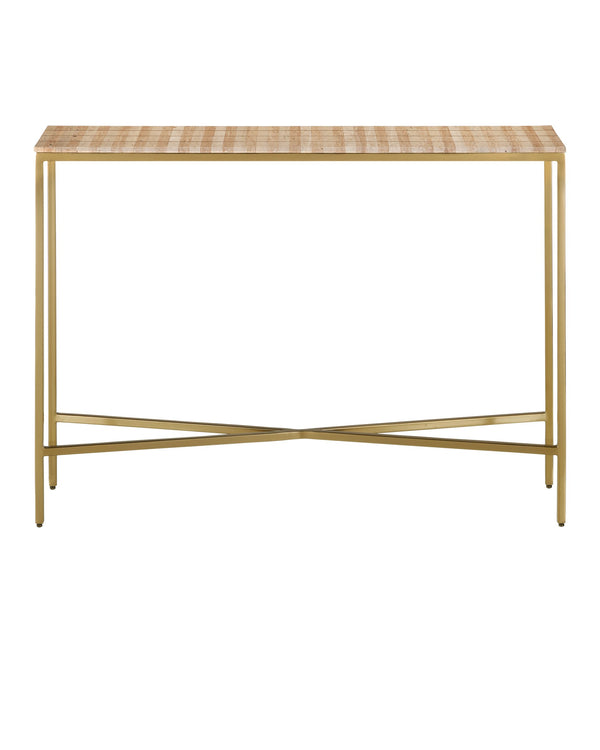Currey & Company Dezi Travertine Console Table with Brass Inlay and Gold Iron Legs for Entryway 4000-0204
