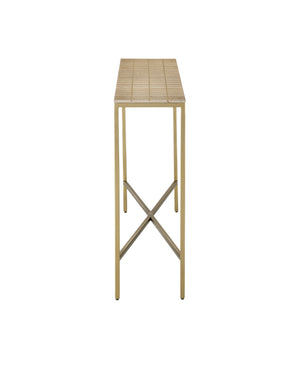 Currey & Company Dezi Travertine Console Table with Brass Inlay and Gold Iron Legs for Entryway 4000-0204