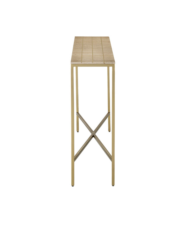 Currey & Company Dezi Travertine Console Table with Brass Inlay and Gold Iron Legs for Entryway 4000-0204