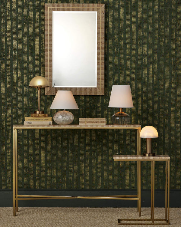 Currey & Company Dezi Travertine Console Table with Brass Inlay and Gold Iron Legs for Entryway 4000-0204