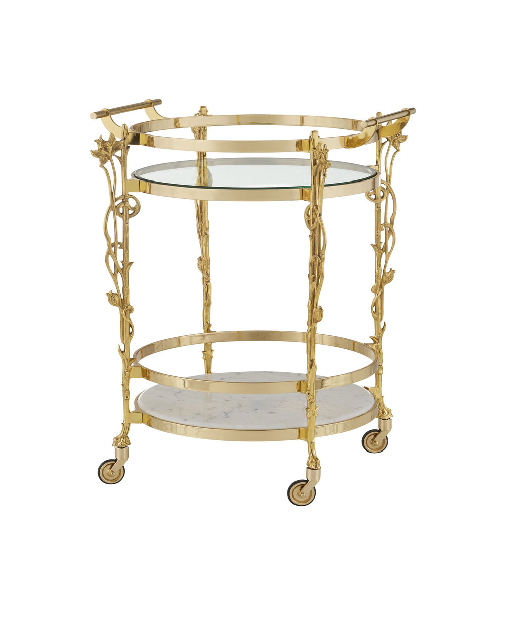 Currey & Company Fiore Brass Bar Cart with Marble Shelf Glass Top and Floral Art Nouveau Frame 4000-0206