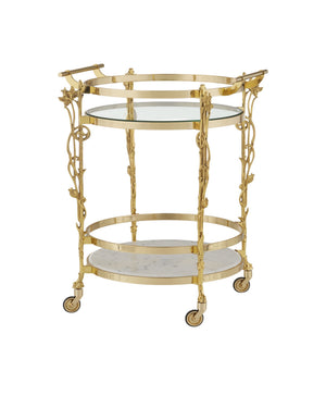 Currey & Company Fiore Brass Bar Cart with Marble Shelf Glass Top and Floral Art Nouveau Frame 4000-0206