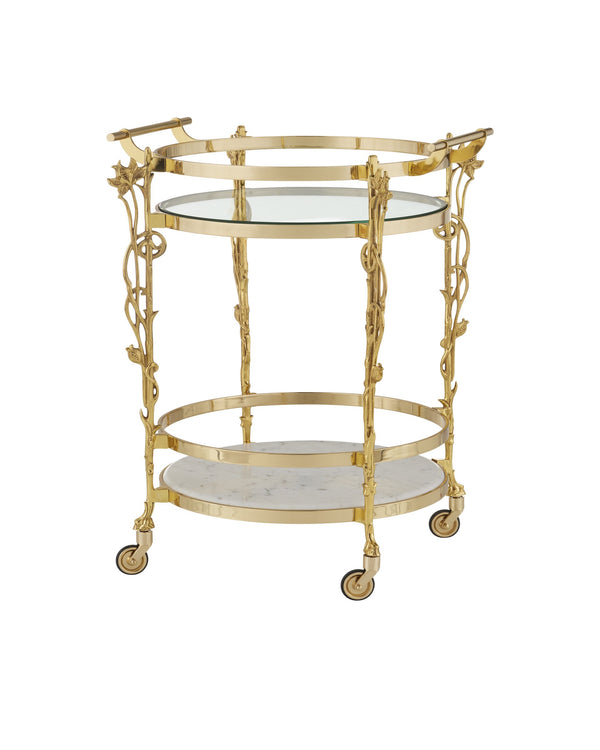 Currey & Company Fiore Brass Bar Cart with Marble Shelf Glass Top and Floral Art Nouveau Frame 4000-0206