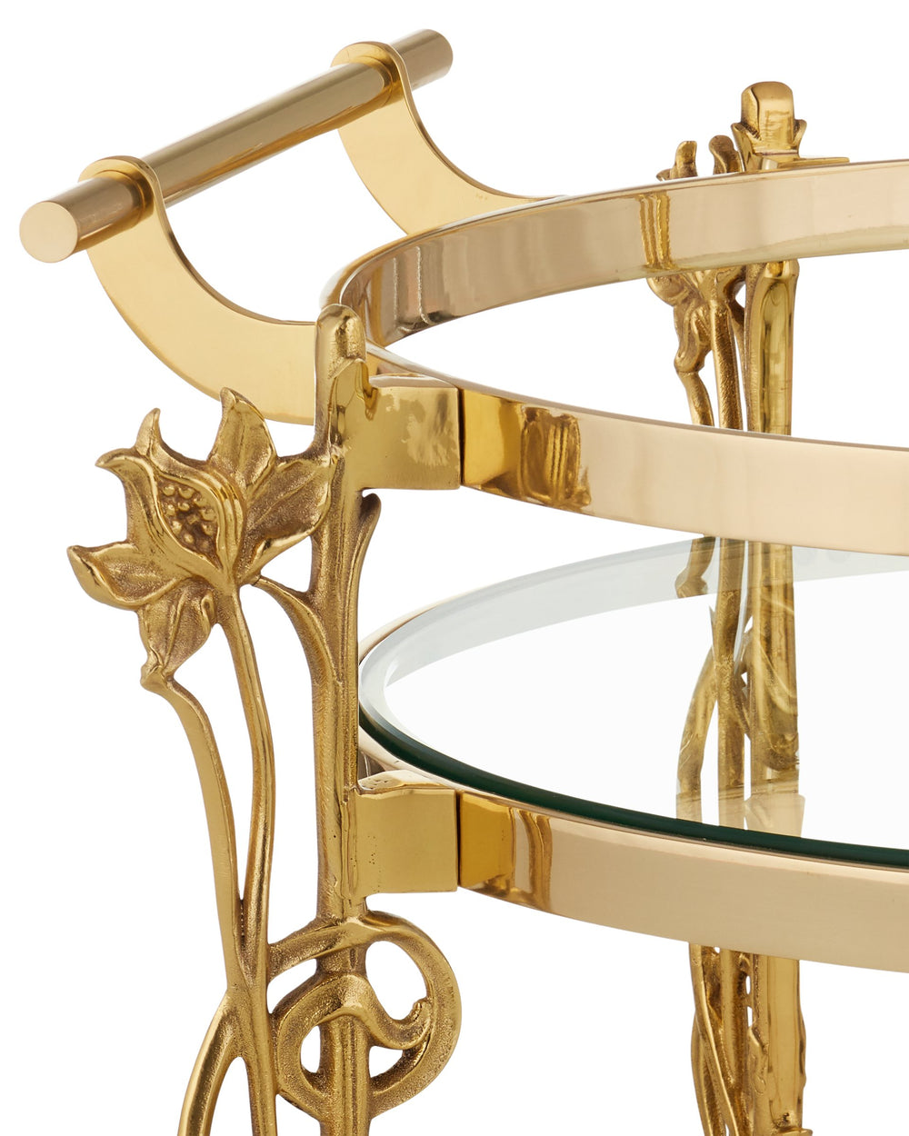 Currey & Company Fiore Brass Bar Cart with Marble Shelf Glass Top and Floral Art Nouveau Frame 4000-0206