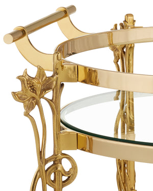 Currey & Company Fiore Brass Bar Cart with Marble Shelf Glass Top and Floral Art Nouveau Frame 4000-0206