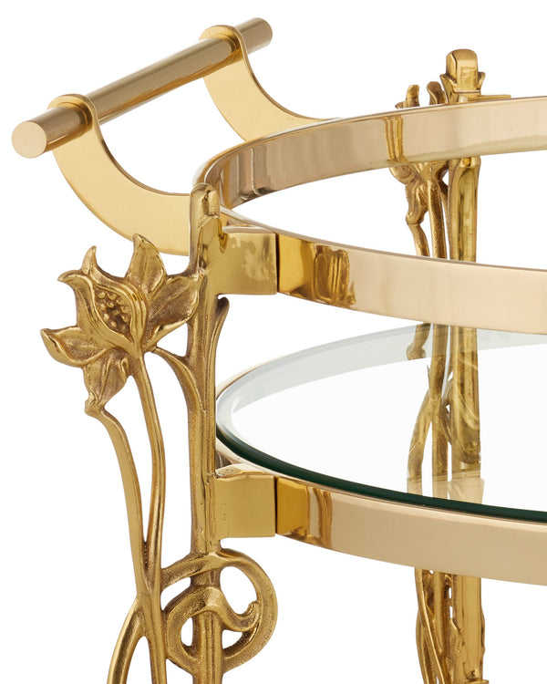 Currey & Company Fiore Brass Bar Cart with Marble Shelf Glass Top and Floral Art Nouveau Frame 4000-0206