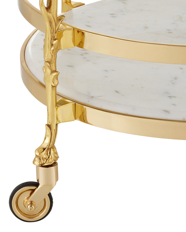 Currey & Company Fiore Brass Bar Cart with Marble Shelf Glass Top and Floral Art Nouveau Frame 4000-0206