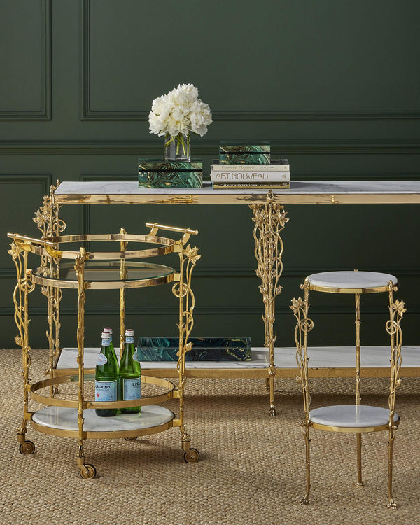 Currey & Company Fiore Brass Bar Cart with Marble Shelf Glass Top and Floral Art Nouveau Frame 4000-0206