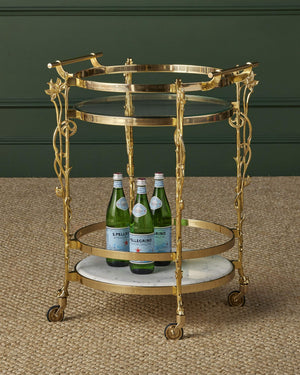 Currey & Company Fiore Brass Bar Cart with Marble Shelf Glass Top and Floral Art Nouveau Frame 4000-0206