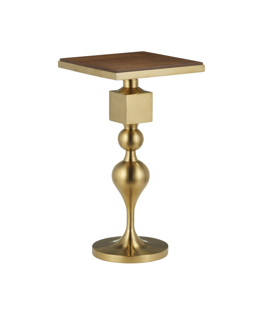 Currey & Company Maeve Brushed Brass Geometric Side Table with Inset Walnut Top for Modern Interiors 4000-0213